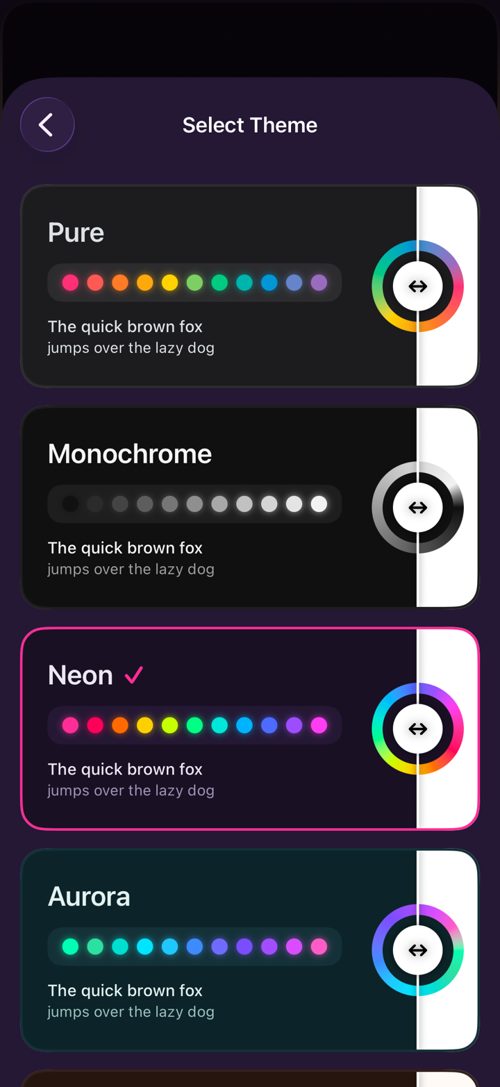 TCG Copilot theme picker showing the Pure, Monochrome, Neon, and Aurora themes